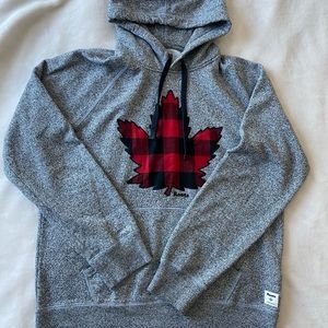 Gray Roots Hoodie with Plaid Maple Leaf in Size Medium